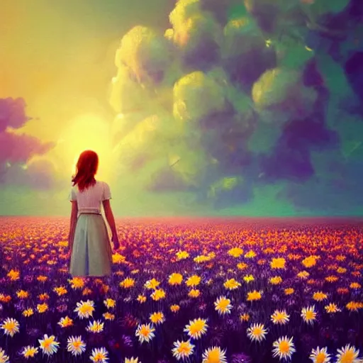 Image similar to head made of daisies, girl standing in a vast flower field, holding flowers, surreal photography, sunrise dramatic light, impressionist painting, colorful clouds, large sky, digital painting, artstation, simon stalenhag, flower face