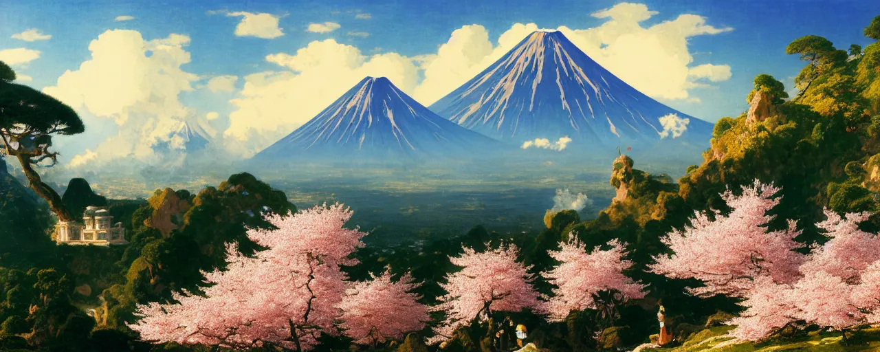 Image similar to ghibli illustrated background of a strikingly beautiful over a volcano with cherry blossom by eugene von guerard, ivan shishkin, albert edelfelt, john singer sargent, 4 k