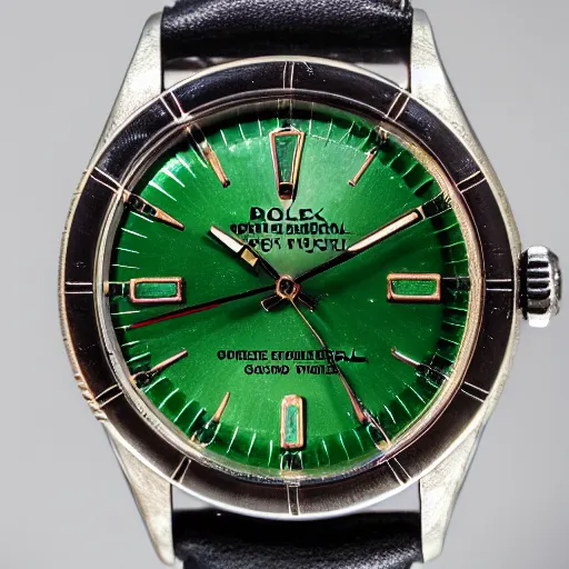 Prompt: vintage wristwatch rolex jewels green leather band numerals in japanese black display case macro photograph, intricate details