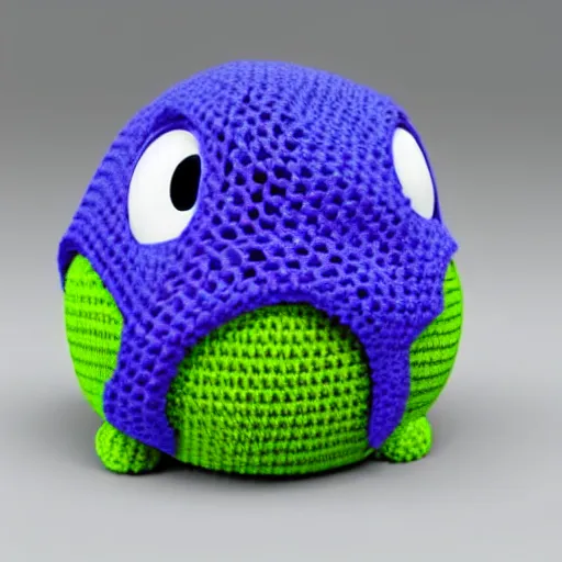 Prompt: a crocheted slime from dragon quest, 3d model, hyper realistic, realistic lighting, dynamic shadows