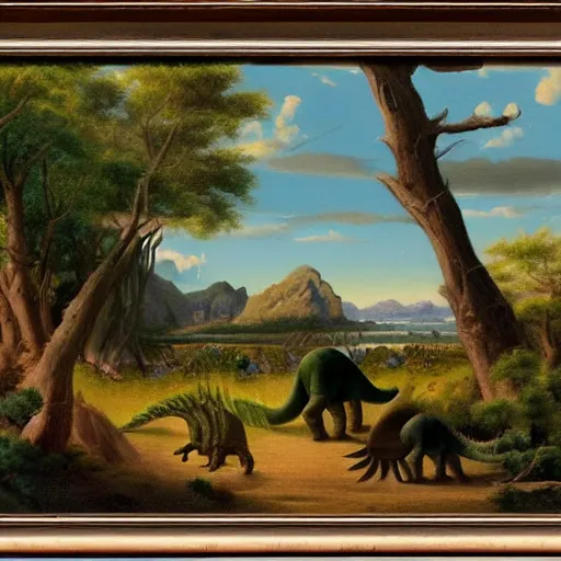 Image similar to Trias with dinosaurs, in the style of the Hudson River School