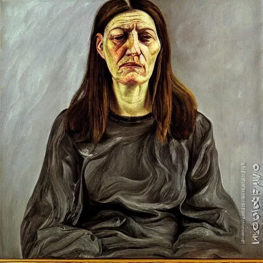 Image similar to Oil painting Portrait of a sad Woman, by Lucian Freud, Abstract brush strokes, Masterpiece