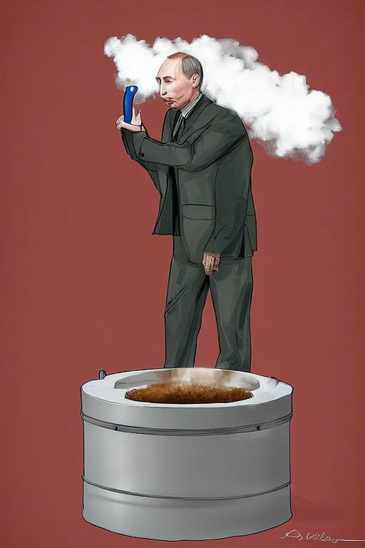 Prompt: Putin inhaling from Copium tank, digital painting