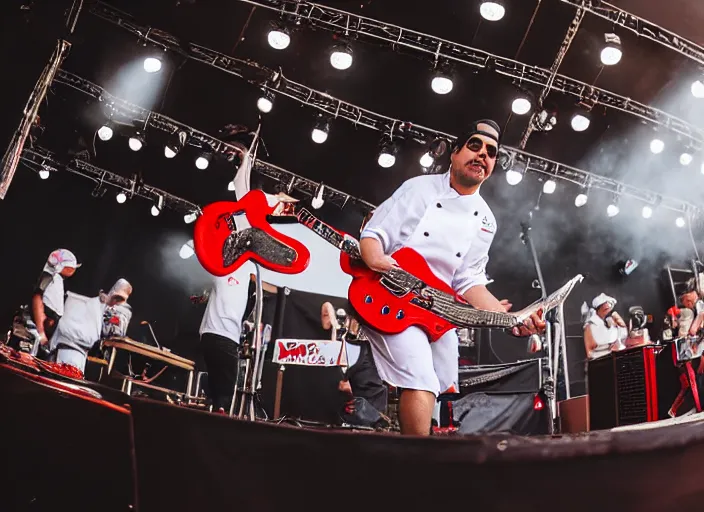 Image similar to photo still of chef boyardee on stage at vans warped tour!!!!!!!! at age 3 3 years old 3 3 years of age!!!!!!!! shredding on guitar, 8 k, 8 5 mm f 1. 8, studio lighting, rim light, right side key light