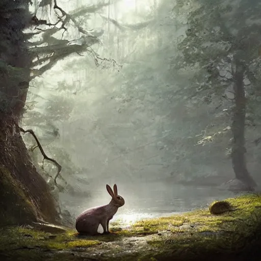 Image similar to a rabbit in the forest by a river, by stanley lau and greg rutkowski