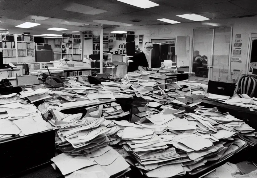 Prompt: an office filled with files so many files that are making hamburgers color 1 9 7 0 s film mary tyler moore hat toss