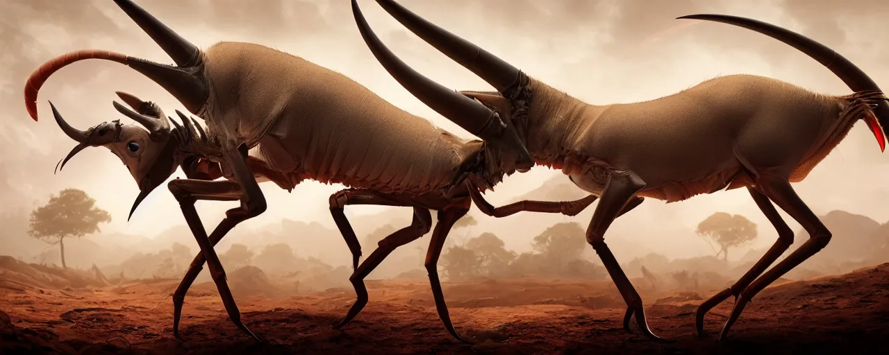 Prompt: creature design, an oryx gazelle with red crustacean carapace, fiddler crab claws, palp eyes, cryptid, cinematic lighting, octane render, cinematic aura lighting, atmospheric, photorealistic, hyperdetailed 3 d matte painting, hyperrealism, hyperrealistic