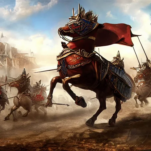 Prompt: Byzantine mounted medieval cataphract charges into battle, digital matte painting, high quality