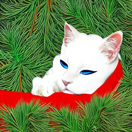 Image similar to a superhero white cat with spandex suit and cape sleeping curled up on bed of pine needles, digital art