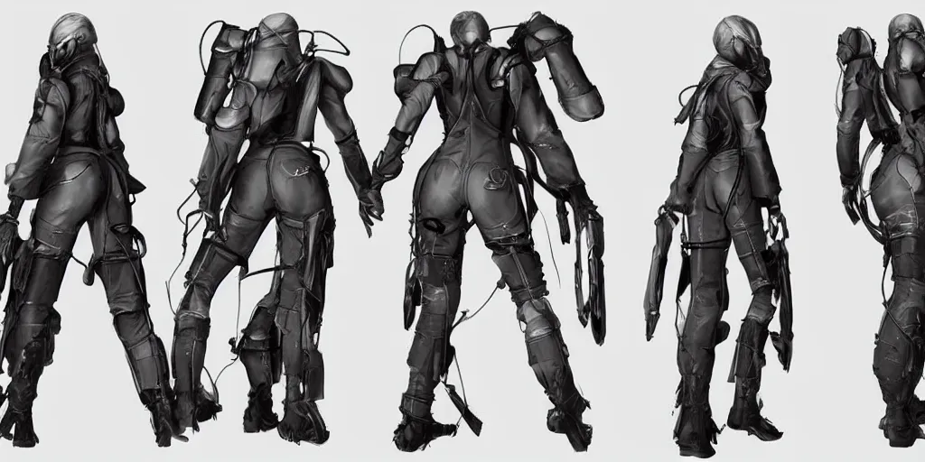 Image similar to front and back character view of a woman in scientist's jacket with a system of straps and pouches for collecting material by Donato Giancola and Tetsuya Nomura, trending on artstation and pixiv clean sci-fi concept art and sheet that using unreal engine 5 render and hyper detailed 3D texture with cinematic software light