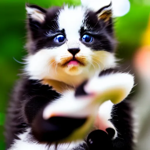 Image similar to cute kitten with panda body and cat face, in the hand of a human, highly detailed, sharp focus, photo taken by nikon, 4 k