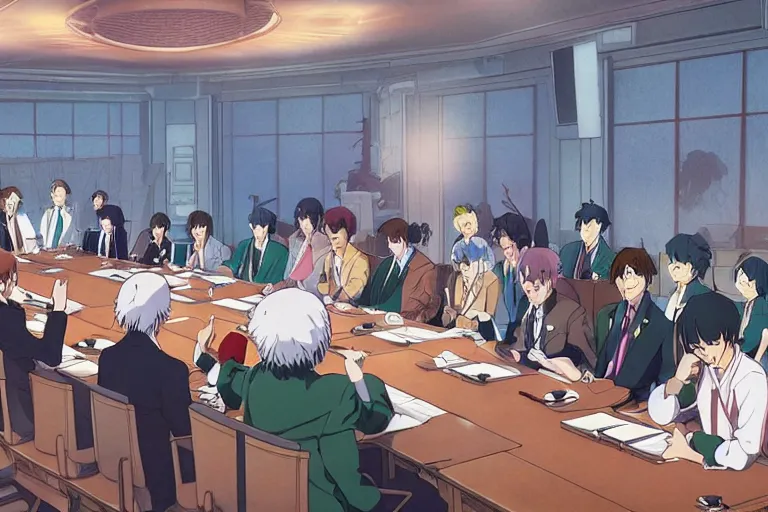 Image similar to cell shaded anime key visual of a federation council meeting with important people in the stlye of studio ghibli, moebius, ayami kojima, makoto shinkai, dramatic lighting