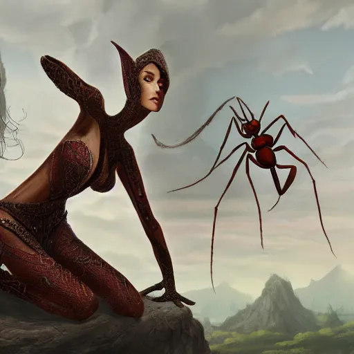 Image similar to A detailed matte painting of an elven woman with a giant ant standing behind her