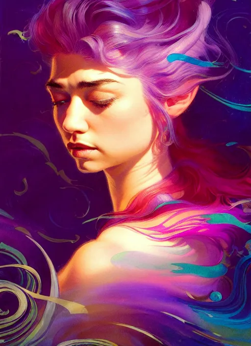 Image similar to side portrait, imogen poots, paladin, fantasy, gloomhaven, luminescent, tarot, organic painting, colorful swirly ripples, gaudy colors, by greg manchess, huang guangjian, gil elvgren, sachin teng, greg rutkowski, jesper ejsing, ilya kuvshinov