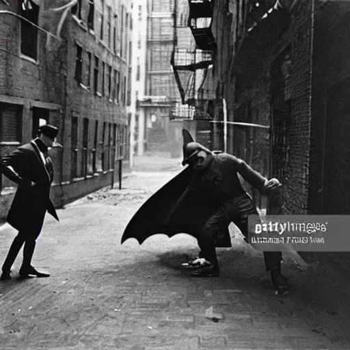 Image similar to old black and white photo, 1 9 2 5, depicting batman fighting a al capone in an alley of new york city, rule of thirds, historical record