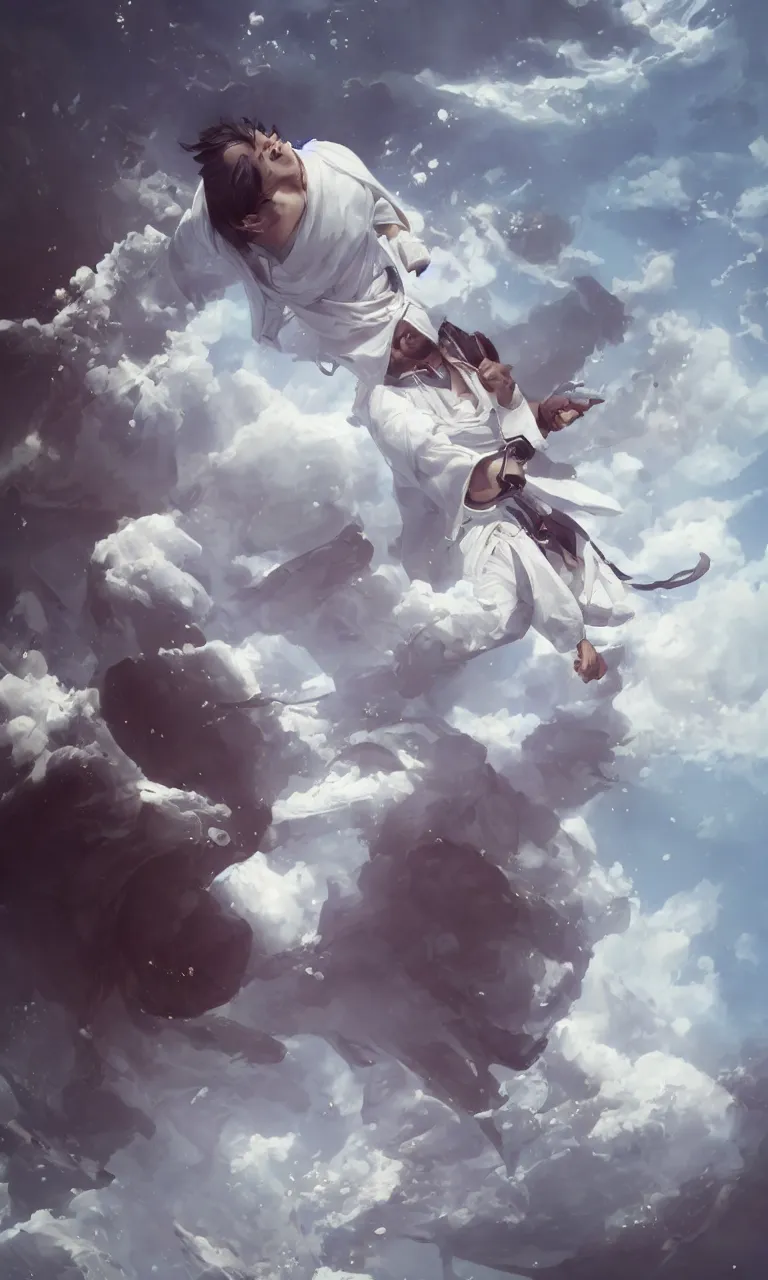 Image similar to a white dressed samurai, diving in the air rounded by jelly clouds made by Stanley Artgerm Lau, WLOP, Rossdraws, ArtStation, CGSociety, concept art, cgsociety, octane render, trending on artstation, artstationHD, artstationHQ, unreal engine, 4k, 8k