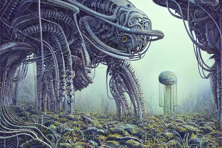 Image similar to a surreal and awe - inspiring science fiction landscape, alien plants and animals, intricate, elegant, uplifting, happy, inspirational, highly detailed watercolor painting by h. r. giger and simon stalenhag