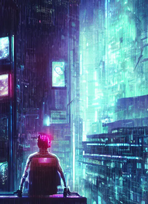 Image similar to lonely cyber person made of cosmic nebula galaxy energy watching a rainy stormy colorful complex cyberpunk futuristic city from behind at night through a window in a room full of wires and screens, 8 k, photorealistic, wet, highly detailed, cinematic mood by ridley scott, ghost in the shell, rendered in octane,, trending on artstation, glowing lights, gloomy, epic composition