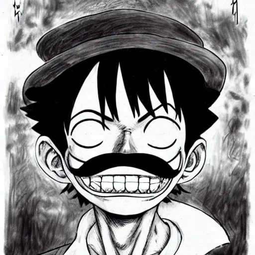 Image similar to [ luffy with mustache ] ( by kim jung gi ) ( by george morikawa ) ( by kentaro miura ) ( by eiichiro oda )