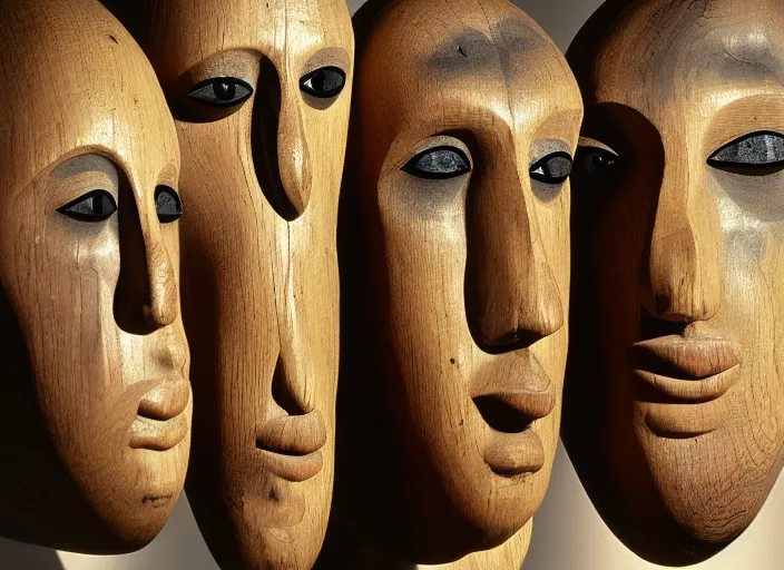 Image similar to realistic photo portrait of the a sculpture of a group portrait of heads with long beaks made of wood, eyes made of caviar poorly designed in style of arte povera, fluxus, dadaism, joseph beuys, ugly made, low quality standing in the wooden polished and fancy expensive wooden museum interior room 1 9 9 0, life magazine reportage photo