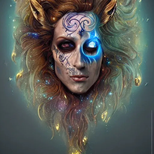 Image similar to a wlop 3 d render of very very very very highly detailed beautiful mystic portrait of a phantom undead golden unicorn with whirling galaxy around, tattoos by anton pieck, intricate, extremely detailed, digital painting, artstation, concept art, smooth, sharp focus, illustration, intimidating lighting, incredible art,