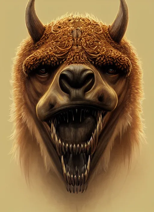 Image similar to anthropomorphic dire alpaca irontooth biter, intricate, elegant, highly detailed animal monster, digital painting, artstation, concept art, smooth, sharp focus, illustration, art by artgerm and greg rutkowski and alphonse mucha, 8 k