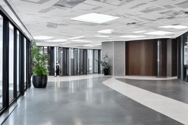 Image similar to a beautiful office building lobby with sleek modern design and large windows