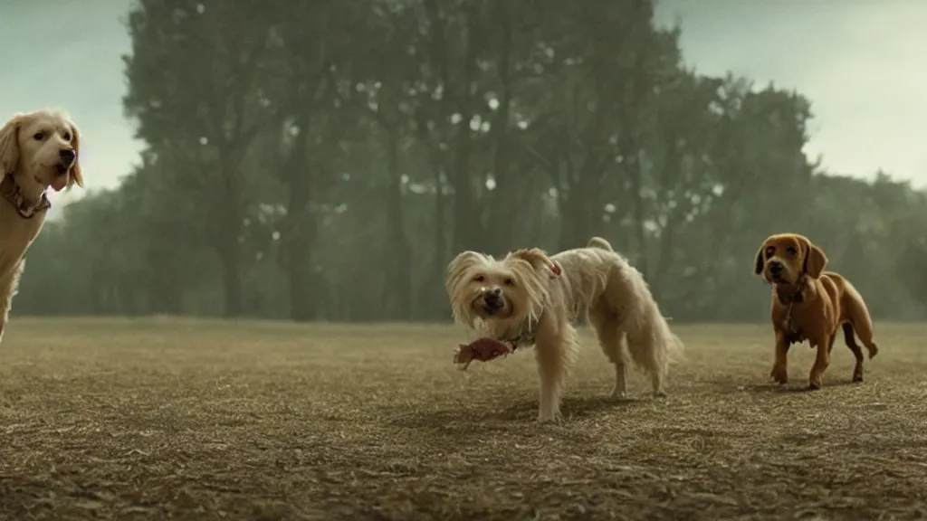 Image similar to all dogs go to heaven, film still from the movie directed by Denis Villeneuve with art direction by Salvador Dalí, wide lens