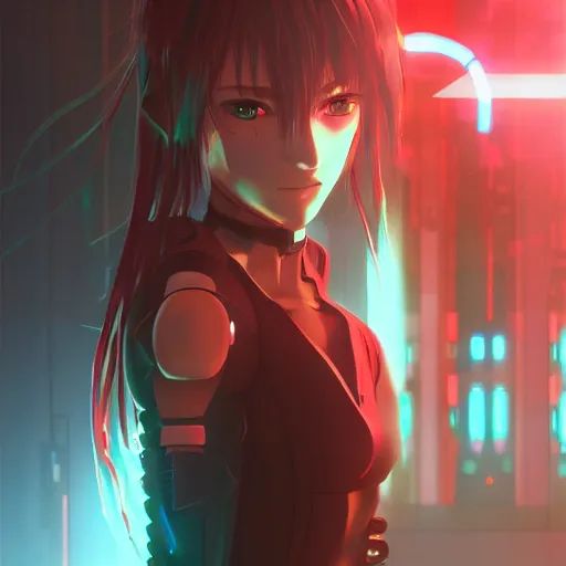 Image similar to anime cyberpunk movie still animatrix, small female android cyborg - angel, glowing red left eye and glowing blue right eye, cinematic lighting, advanced digital cyberpunk art, wlop, rossdraws sakimimichan, ilya kuvshinov, krenz cushart, greg rutkowski - c 1 5