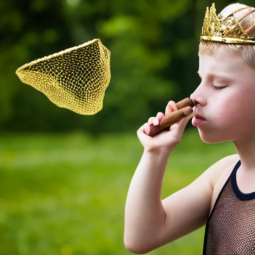 Image similar to A full shot portrait of a boy in a Netted Fishnet Mesh Tanktop wearing a golden diamond crown smoking a cigar on a sunny day in the park, 35mm, 4K, studio lighting