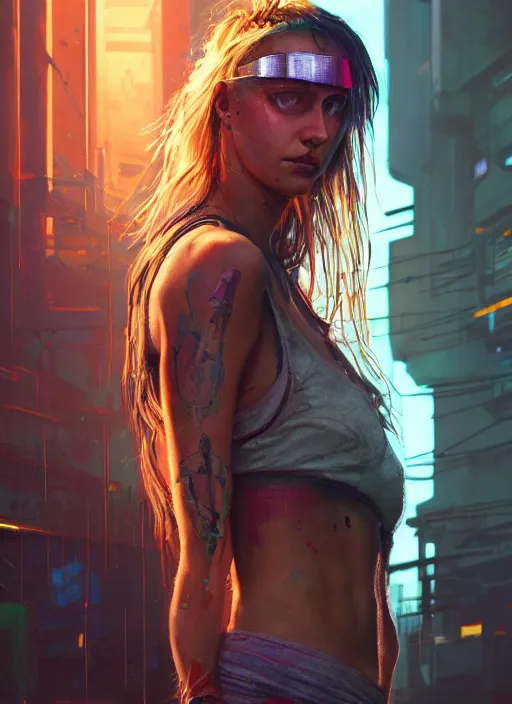 Image similar to portrait of Lauren Layfield as a homeless character in Cyberpunk 2077, looking at camera, intricate, dystopian, sci-fi, extremely detailed, digital painting, artstation, concept art, smooth, sharp focus, illustration, intimidating lighting, incredible art by artgerm and greg rutkowski and alphonse mucha and simon stalenhag