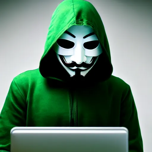 Prompt: realistic photo of hacker in anonymous mask, dark background, hood, computer, green screen, extremely detailed, sharp focus, masterpiece,