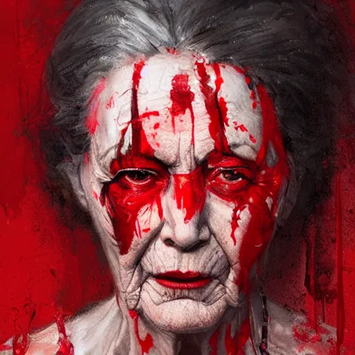 Image similar to elderly woman with black eyes covered in red paint, intricate, art by greg rutkowski, high detailed, 4 k,