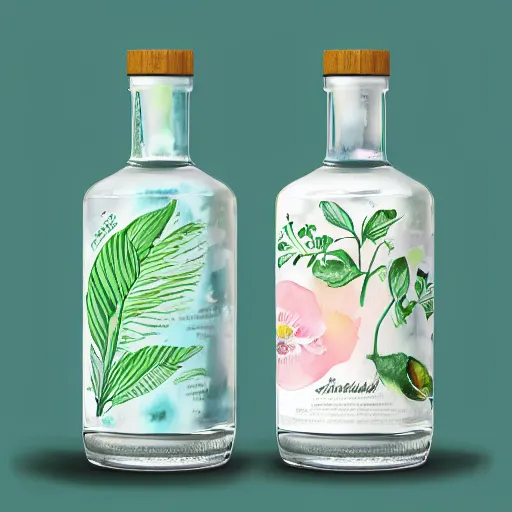 Prompt: water colour botanical designs, illustration, pastel colours, smooth, magical painting, gin packaging design, front label, packaging of the world, behance