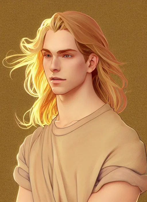 Image similar to pretty young man with shoulder length shiny shimmering golden blond hair, half body shot, path traced, highly detailed, high quality, digital painting, by studio ghibli and alphonse mucha, leesha hannigan, hidari, disney