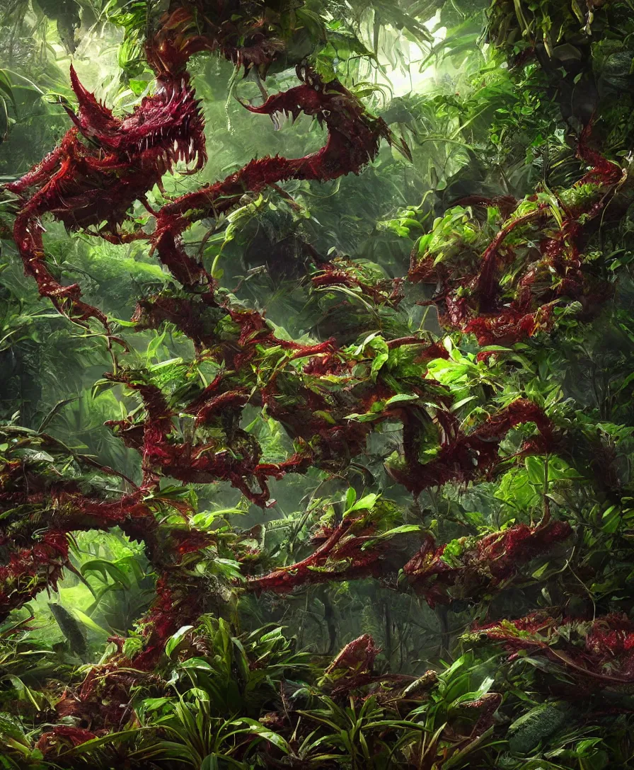 Prompt: beautiful cute carnivorous plant monster in the jungle, epic, cinematic view, 8k, ultra realistic, vibrant colors, photo realism, trending artstation, octane render