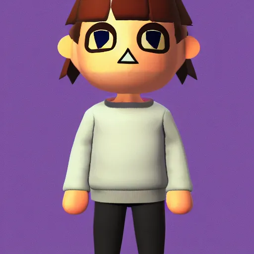 Prompt: low poly human animal crossing character with brown hair brown eyes and a sky blue hoodie and gray pants, 3 d render on purple gradient background