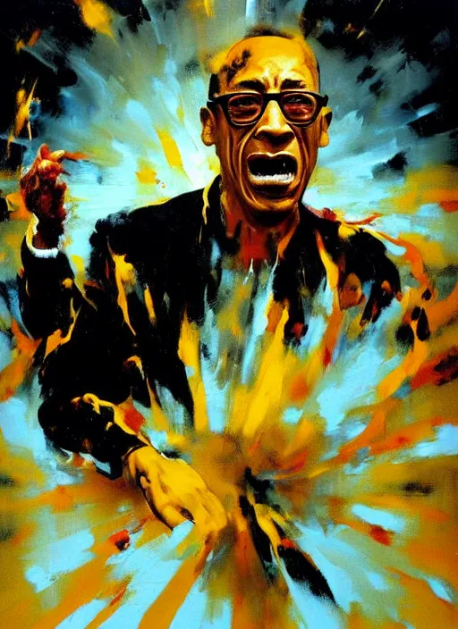 Image similar to gus fring screaming, explosion, exploding, painting by phil hale, francisco goya,'action lines '!!!, graphic style, visible brushstrokes, motion blur, blurry