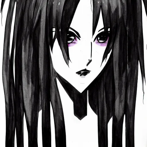 Prompt: headshot art of a goth anime woman, evil, bust portrait, black and white watercolor