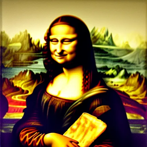 Image similar to mona lisa holding a banana, oil in canvas