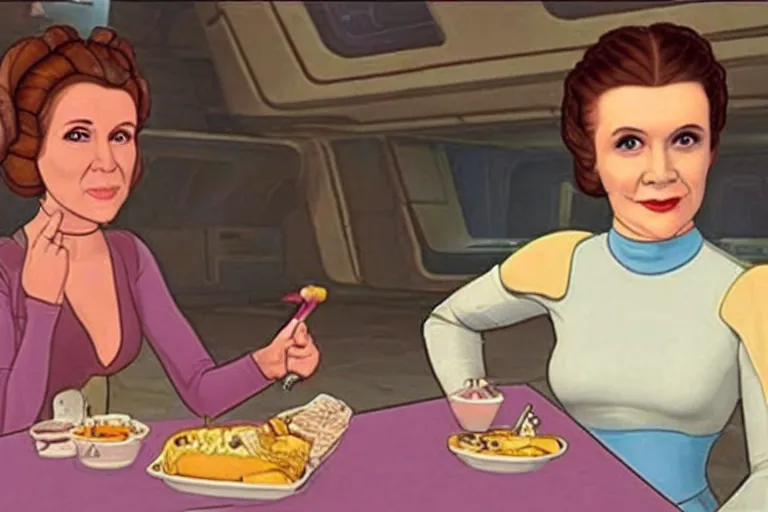 Prompt: princess leia having lunch at quark's bar on deep space nine