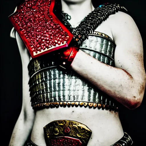 Image similar to photo of a real-life beautiful warrior with ruby encrusted armour