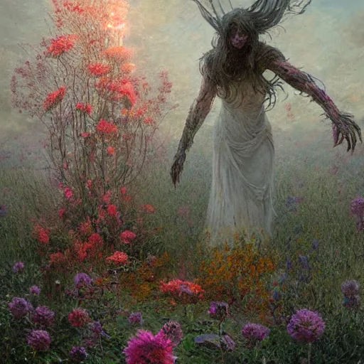 Image similar to a beautiful terrifying monster made of flowers. ethereal horror fantasy art by greg rutkowski and raymond swanland and monet