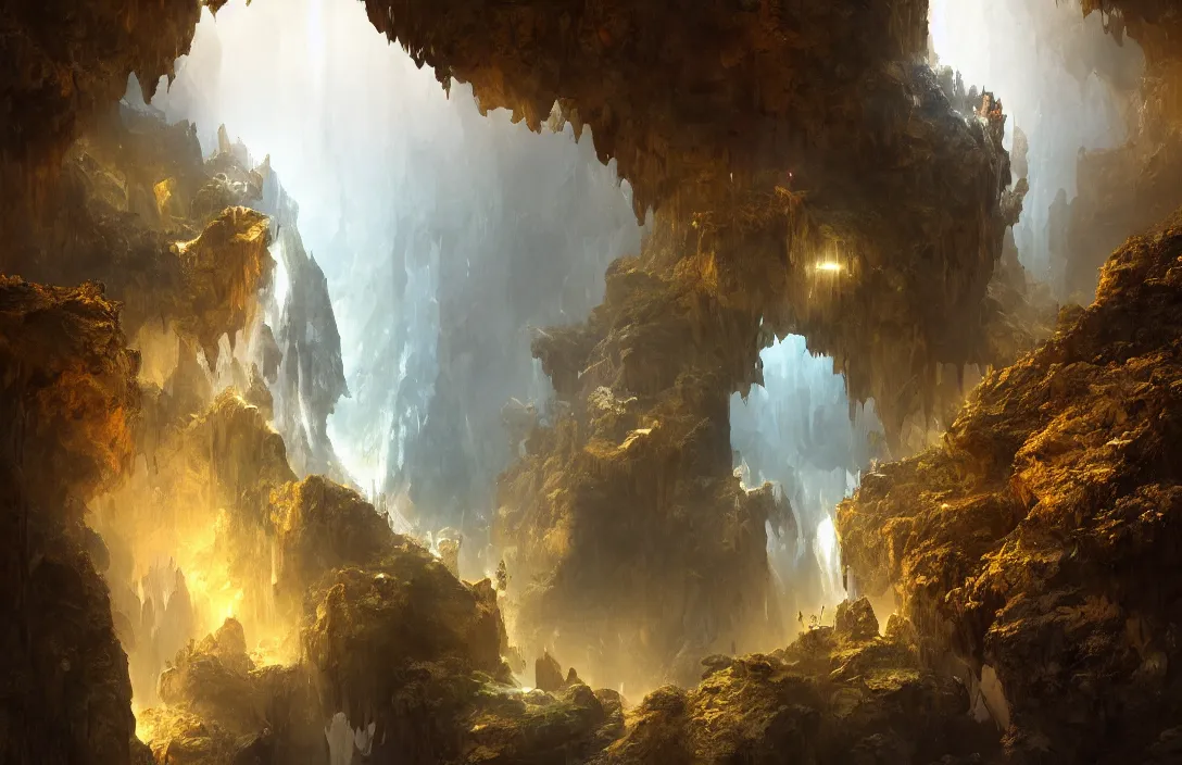 Image similar to a huge cave with a light portal far away in the style of stephan martiniere, detailed dreamscape, hyperreal phantastic, intricate details in environment, golden ratio, high aestehtic, waterfalls and lakes, cinematic light dramatic light, lightrays, flying birds in distance, trending on artstation