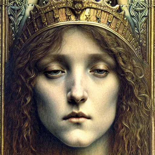 Image similar to detailed realistic beautiful young medieval queen face portrait by jean delville, gustave dore and marco mazzoni, art nouveau, symbolist, visionary, gothic, pre - raphaelite. horizontal symmetry