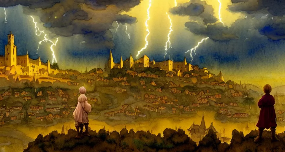 Prompt: a hyperrealist watercolor concept art of elegant golden ufos in the sky above a small medieval town during a thunderstorm. a dirty medieval peasant child is in the foreground pointg up at the sky. very muted colors, by rebecca guay, michael kaluta, charles vess. high detail, hq, wide shot, 4 k