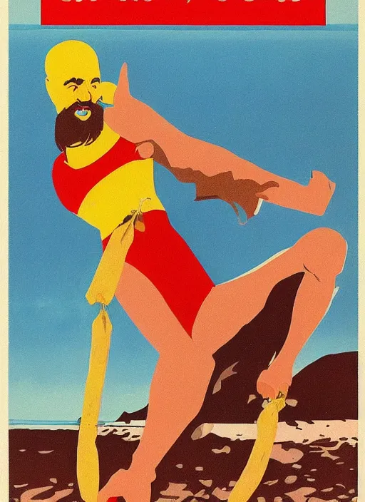 Prompt: soviet tourism poster for a beach resort depicting charles manson slipping on a banana peel