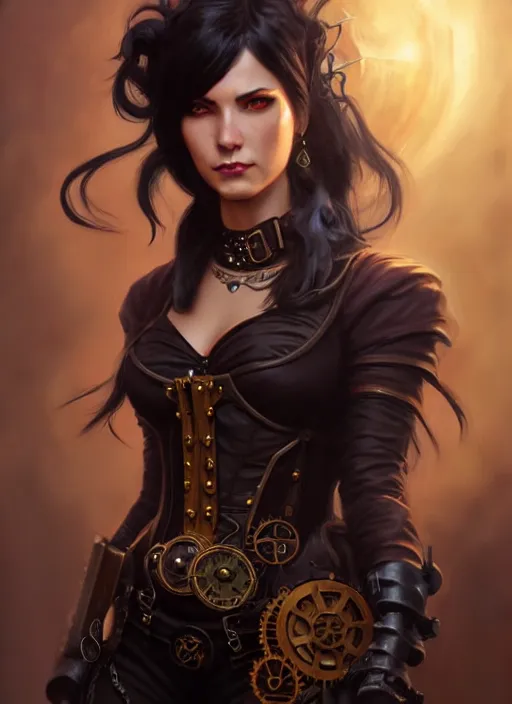 Image similar to a _ fantasy _ style _ portrait _ painting _ of steampunk woman, ponytail black hair, round face, rpg dnd oil _ painting _ unreal _ 5 _ daz. _ rpg _ portrait _ extremely _ detailed _ artgerm _ greg _ rutkowski _ greg