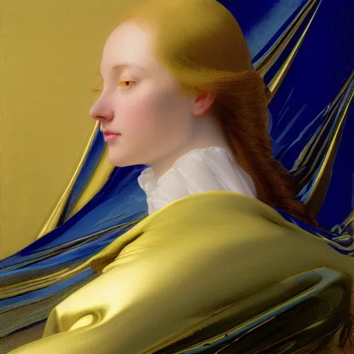 Prompt: a young woman's face in flowing sheets of cobalt blue gold chrome silver satin, by ivan aivazovsky syd mead moebius roger dean donato giancola michael whelan yoshitaka amano jan de heem pieter claesz paul delaroche alma tadema aelbert cuyp willem claesz isaac levitan, hyperrealistic volumetric light render