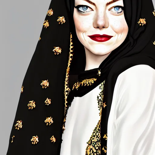 Image similar to A portrait of Emma Stone wearing a Black Arabian abaya , high quality, fully detailed, 4k